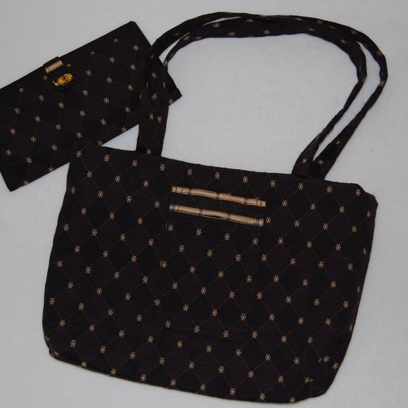 NEW Handmade Bag with Wallet, Size M, Navy Black with Tan Flower Pattern - Picture 7 of 11